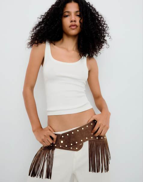 Bershka - Ceinture en imitation daim avec franges - Marron - view 1
