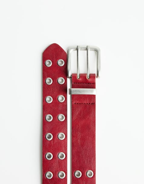 Bershka - Ceinture imitation cuir à œillets - Rouge - view 1