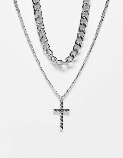 Bershka chain and cross necklace set in silver 