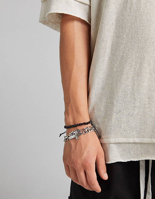 Bershka chain and woven bracelet in silver and black