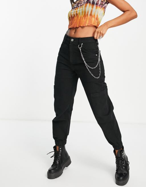 Bershka Chain Detail Cuffed Cargo Pant In Black, 51% OFF