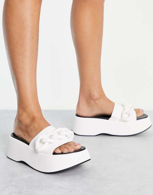 Bershka chain detail flatform sandal slides in white ASOS