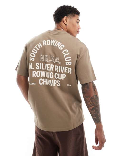 Bershka Champs back print T-shirt in khaki