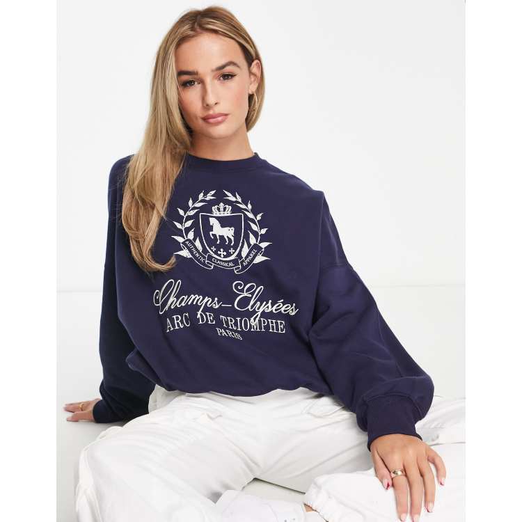 Bershka Champs Elysees Paris slog sweat in navy