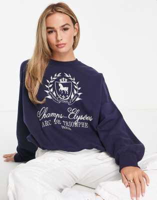 Bershka Champs-Elysees Paris slogan sweatshirt in navy-Blue