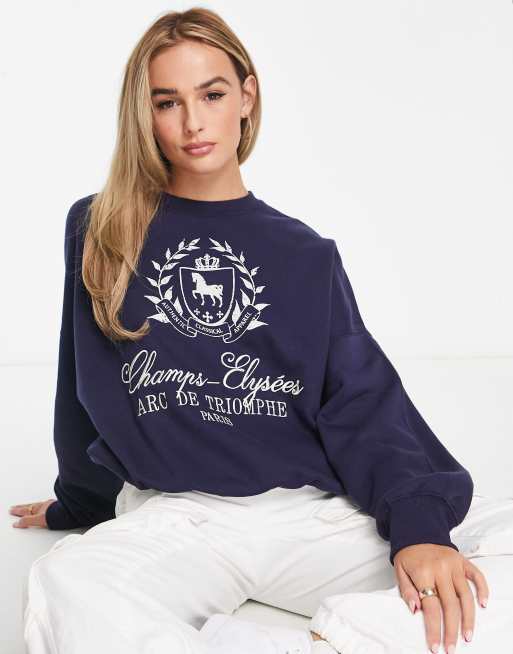 Bershka Champs-Elysees Paris slogan sweatshirt in navy