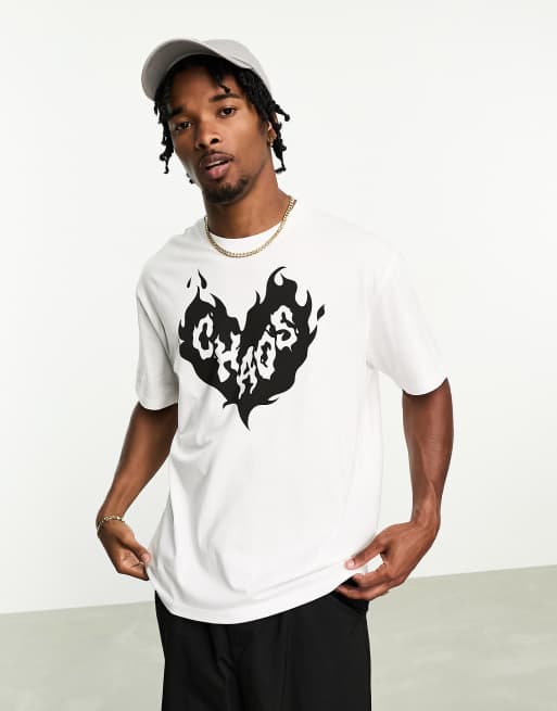 Bershka chaos printed heart t shirt in white