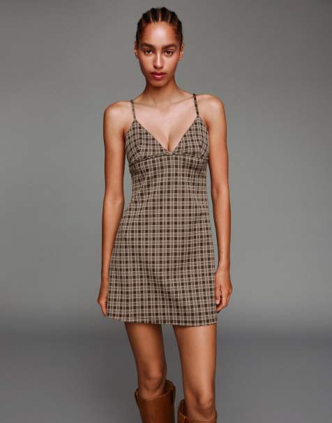 Bershka Check mini dress in brown - view 1
