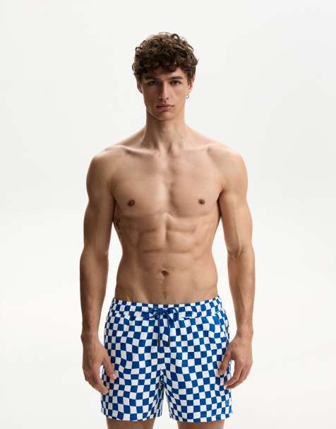 Bershka check print swimming trunks in denim blue - view 1