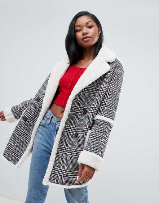 Checked hot sale teddy coat