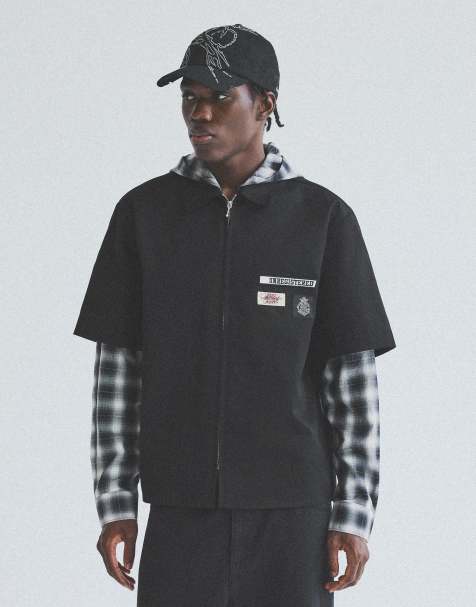 Bershka Checked double-sleeve shirt with hood in black - view 1