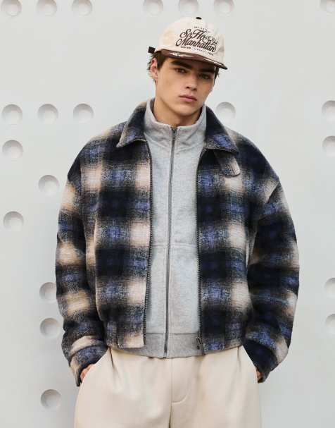 Bershka Checked felt-effect funnel neck bomber jacket in navy - view 1