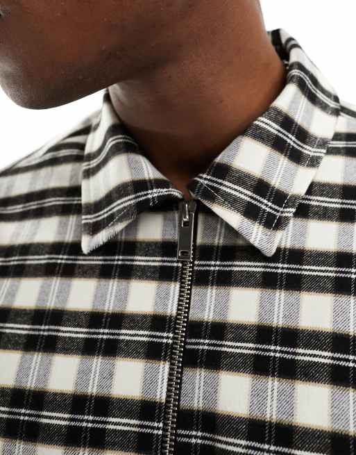 Bershka checked zip through shirt in black and white, 3 of 4
