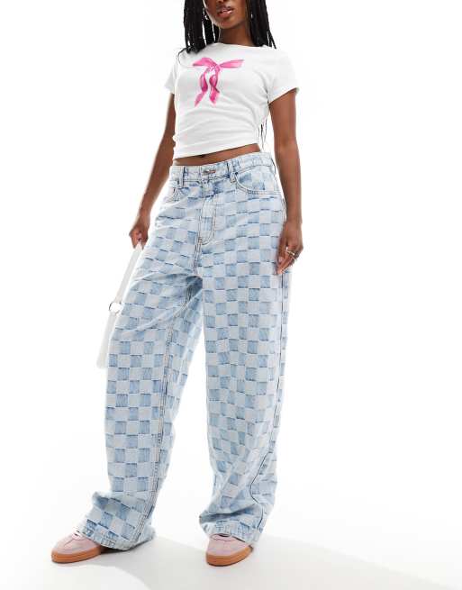 Bershka checkerboard baggy jeans in mid blue