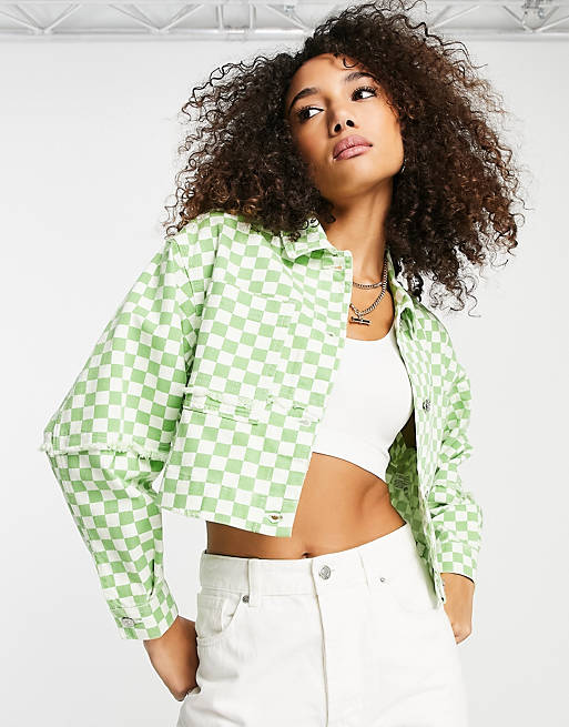 Bershka checkerboard denim jacket in light green