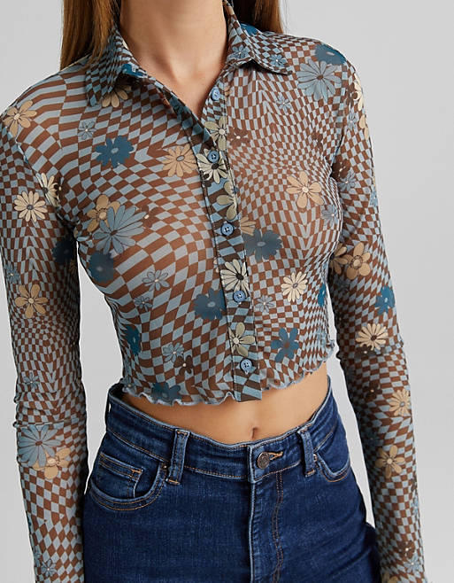 Women Shirts & Blouses/Bershka checkerboard floral detail shirt in blue 