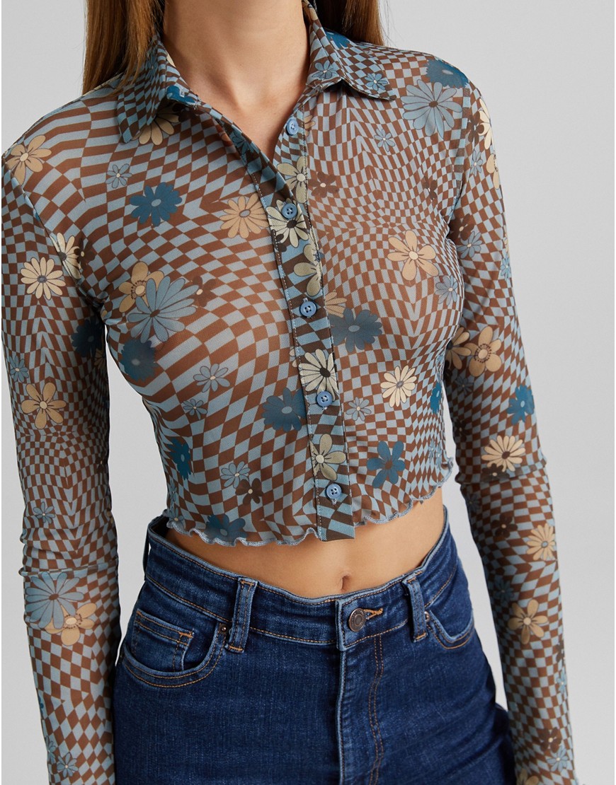 Bershka checkerboard floral detail shirt in blue-Multi