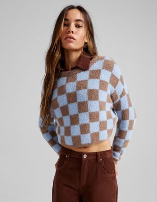 Bershka checkerboard jumper in blue and brown - ASOS Price Checker