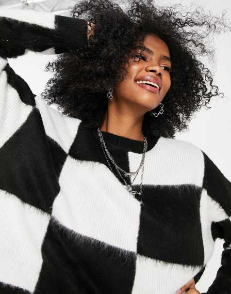 Bershka checkerboard jumper in monochrome - view 1