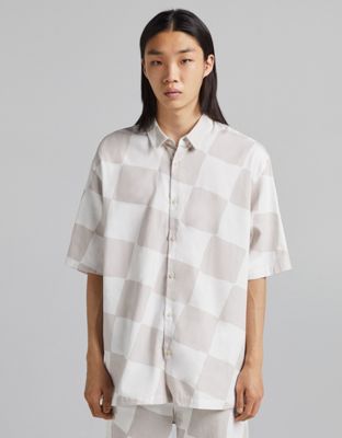 Bershka checkerboard relaxed fit shirt co-ord in sand