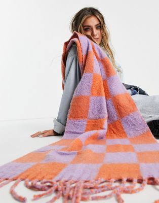 Bershka checkerboard scarf in orange and purple