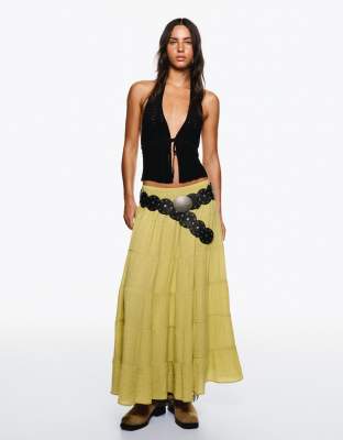 Bershka Bershka cheesecloth tierred maxi skirt in pistachio-Green