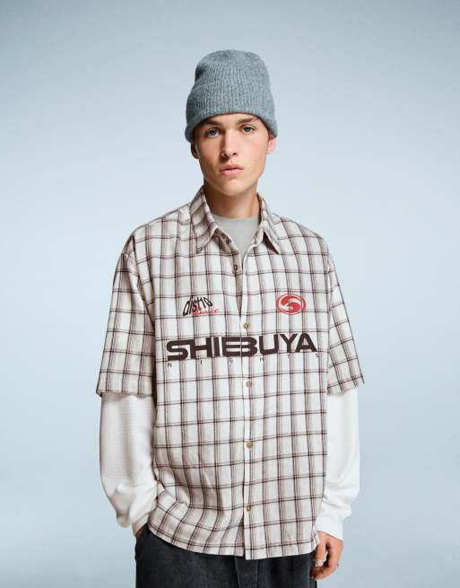 Bershka - Chemise à carreaux coupe carrée avec manches double - Gris clair