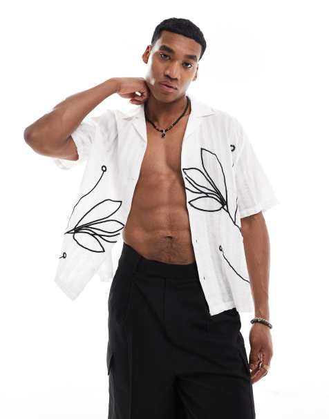 Bershka - Chemise à fleurs brodées - Blanc - view 1