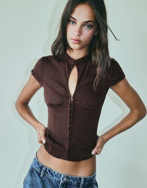 Bershka chemise à manches courtes avec fermeture à pression marron, 2 de 5