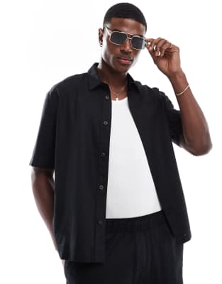 Bershka - Chemise à manches courtes en lin mélangé - Noir