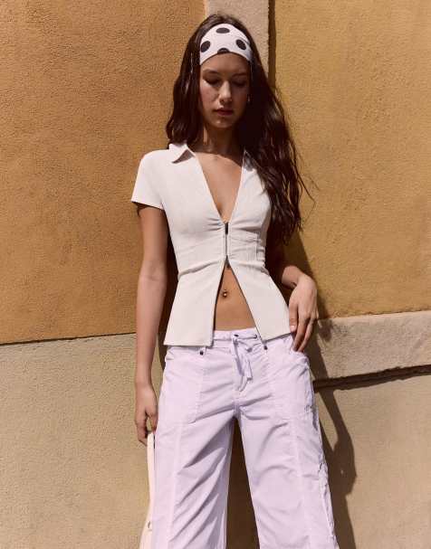 Bershka - Chemise à manches courtes et fermeture éclair avec imprimé - Beige - view 1