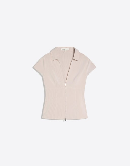 Bershka - Chemise à manches courtes et fermeture éclair avec imprimé - Beige, 5 de 5