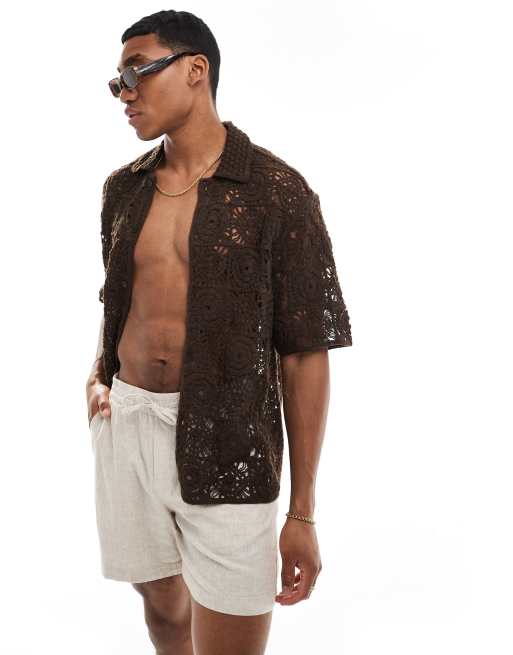 Bershka - Chemise au crochet coupe carrée - Chocolat 