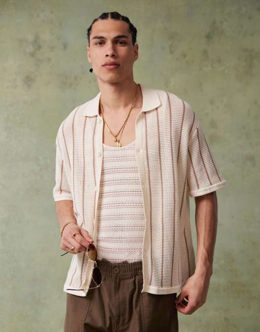 Bershka - Chemise boutonnée en maille à rayures - Écru