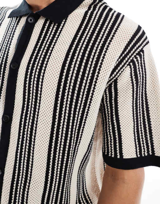 Bershka knitted button through stripe shirt in black