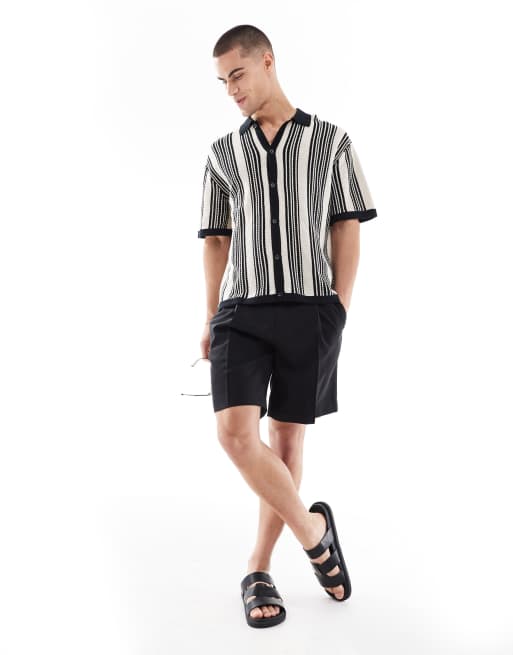 Bershka knitted button through stripe shirt in black