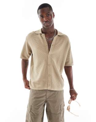 Bershka - Chemise boutonnée en maille - Marron