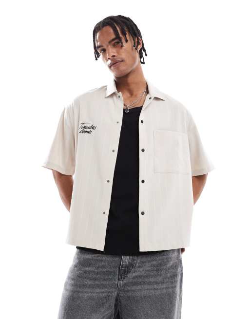 Bershka - Chemise brodée à rayures - Beige