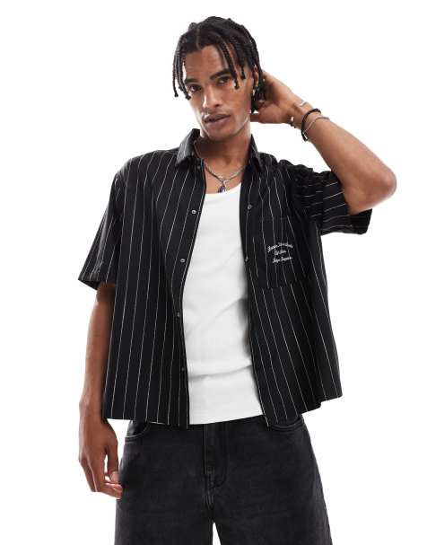Bershka - Chemise brodée à rayures - Noir - view 1