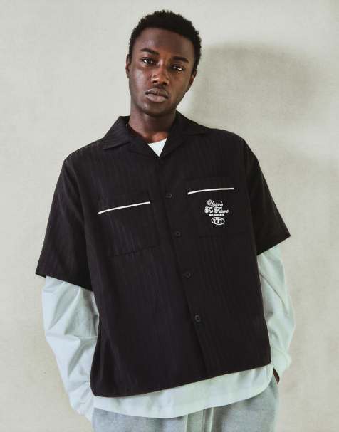 Bershka - Chemise brodée coupe carrée à manches courtes - Noir - view 1