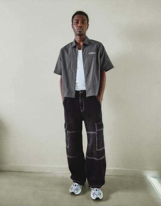 Bershka - Chemise brodée zippée à manches courtes - Gris et noir, 2 de 4