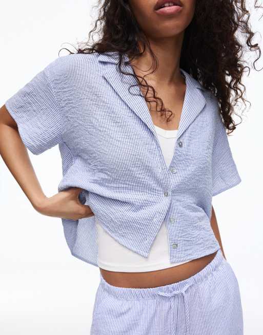Bershka - Chemise champêtre à manches courtes - Bleu jean, 3 de 4