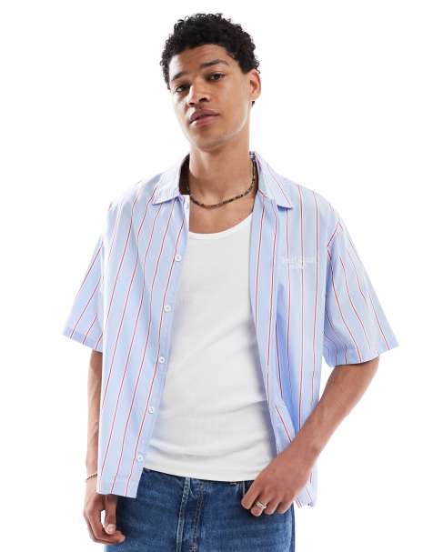 Bershka - Chemise coupe carrée à rayures et inscription « West Coast » - Bleu clair - view 1