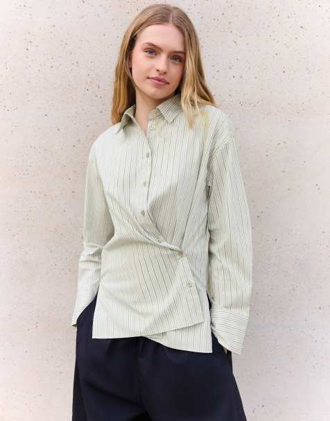 Bershka - Chemise croisée boutonnée à manches longues - Vert - view 1