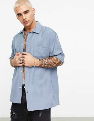 Bershka premium pocket shirt in blue  - ASOS Price Checker