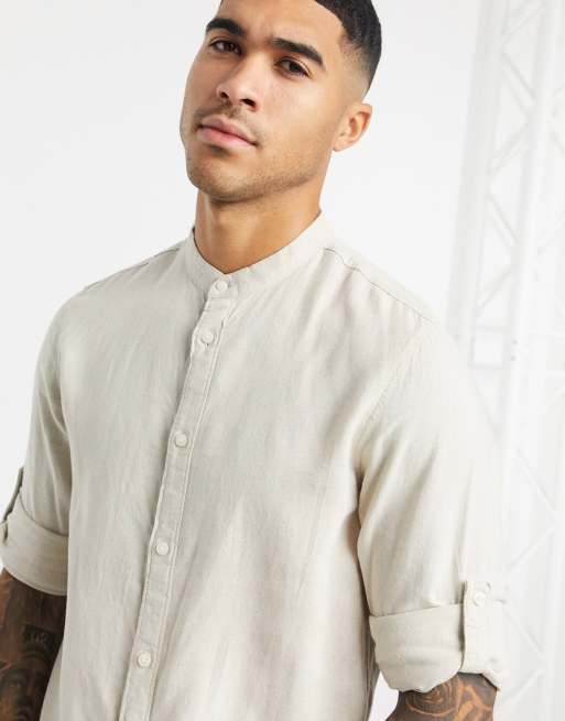 Chemise Homme Lin Manches Courtes Col Mao Avec Poche Poitrine