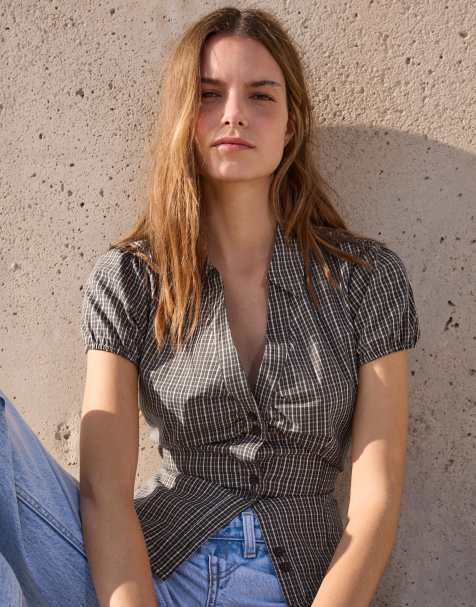 Bershka - Chemise en popeline à manches courtes avec nœud - Kaki - view 1