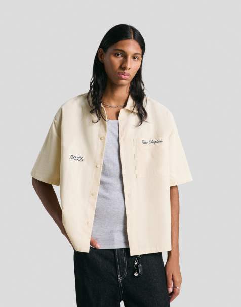 Bershka - Chemise en velours côtelé brodé à manches courtes - Écru - view 1