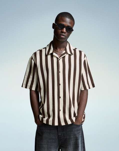 Bershka - Chemise manches courtes à rayures style champêtre - Marron - view 1