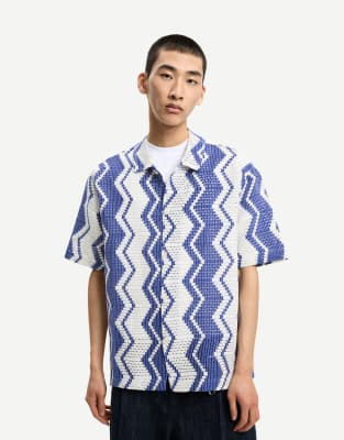 Bershka - Chemise manches courtes en maille au crochet - Bleu denim